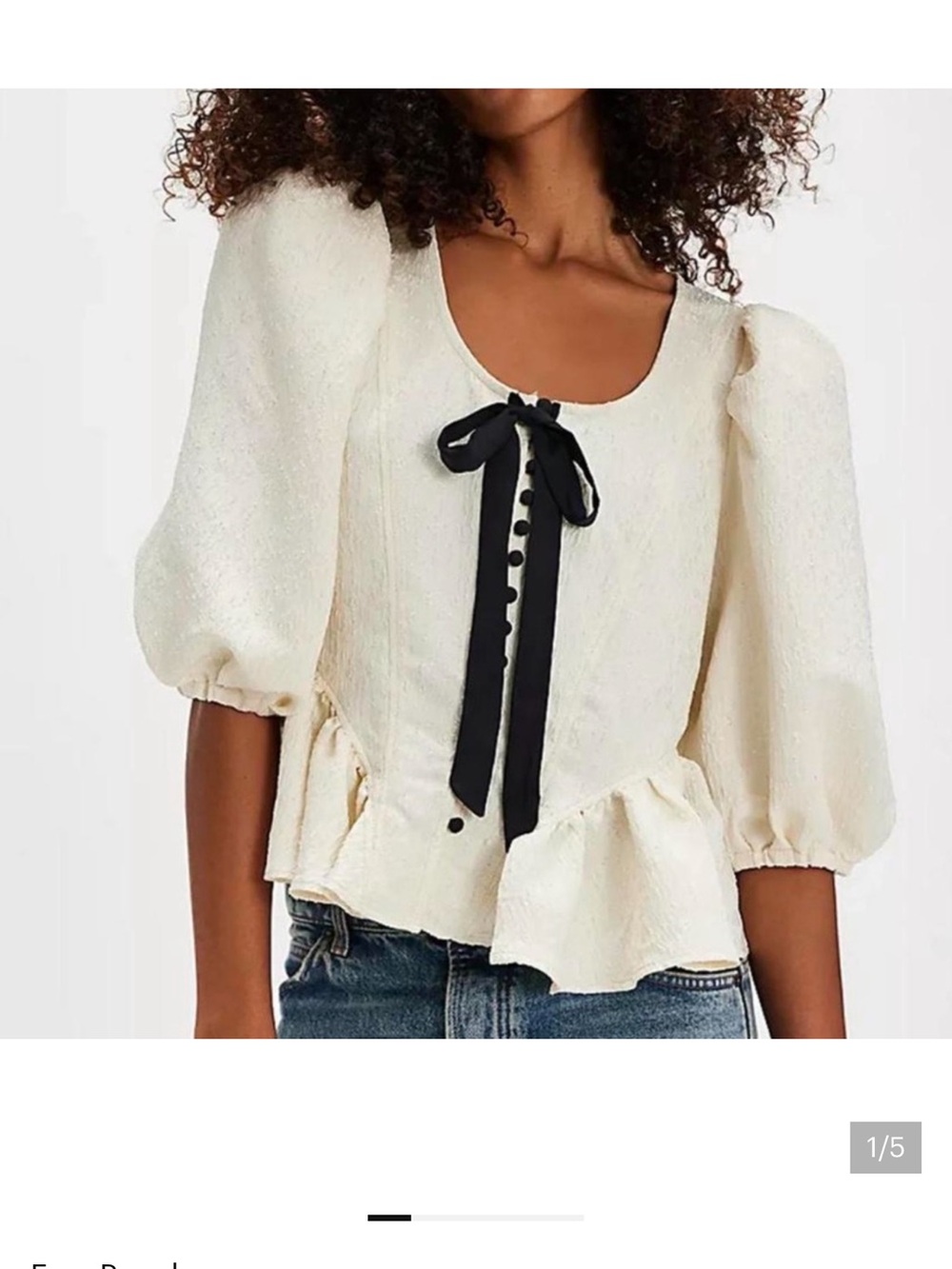 Free People Cream Textured Peplum Blouse with Black Bow - Picture 4 of 4